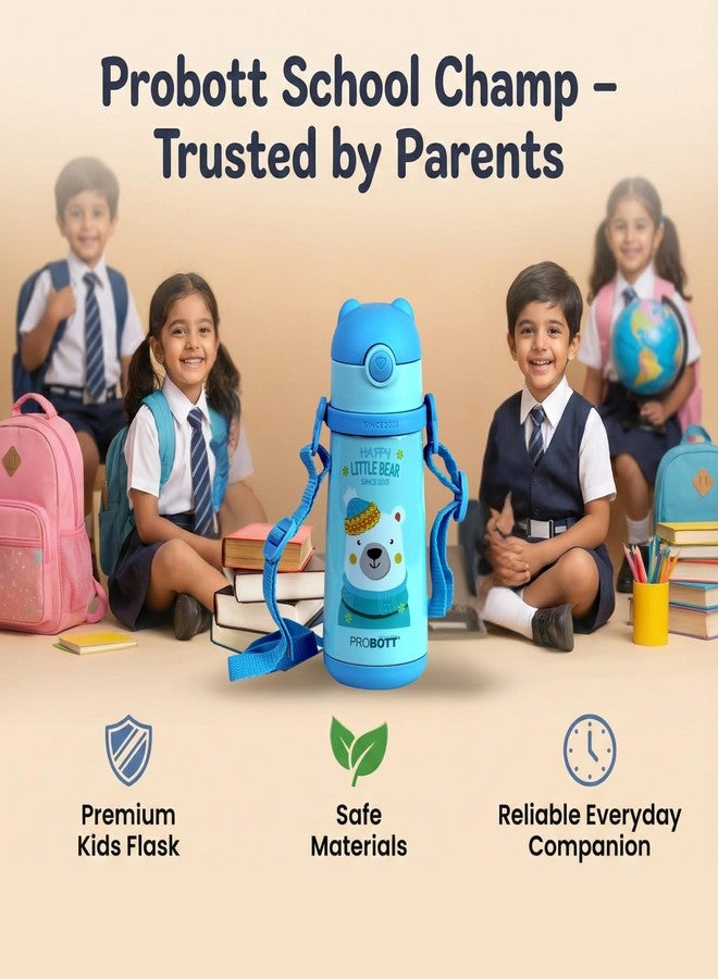 Probott School Champ 370ml Sipper Bottle for 3-5yrs Old Kids with Straw & Strap to Carry, Blue | Stainless Steel Hot & Cold Water Bottle | Double Walled Vacuum Flask | Perfect for Toddlers | Leakproof - Image 5